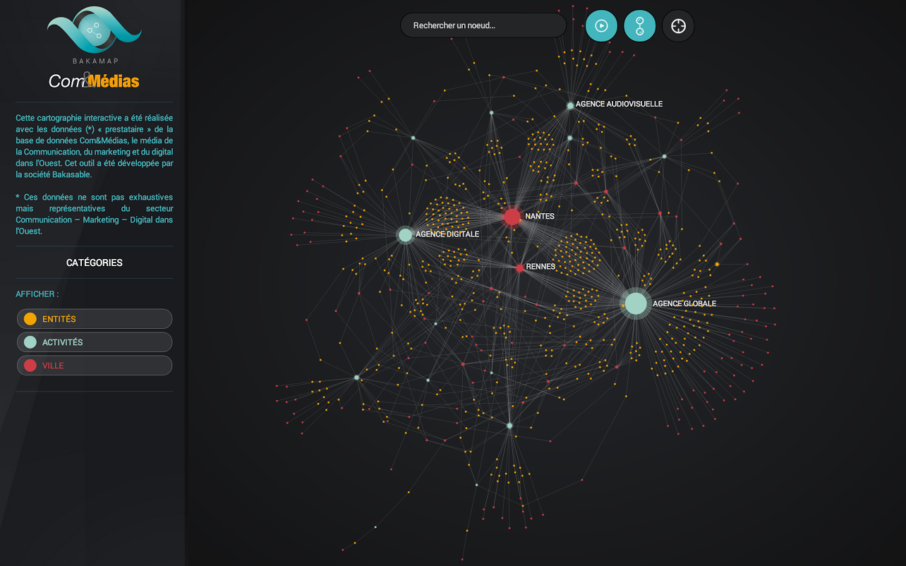 2. La datavisualisation : Com&Medias (carte interactive représentant les prestataires de la communication, du marketing et du digital dans l'Ouest)